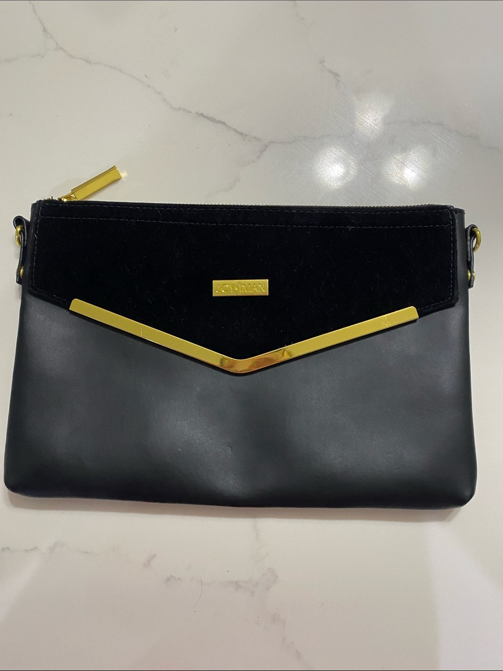 Joy & Iman Black Faux Leather and Suede Clutch with Gold Trim